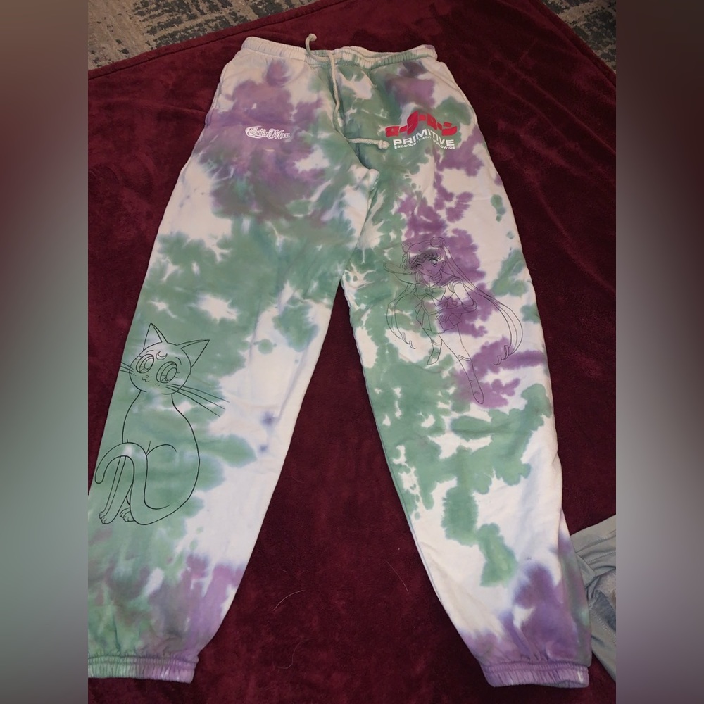 Sailor Moon Anime Sweatpants white, green, purple tie dye XS